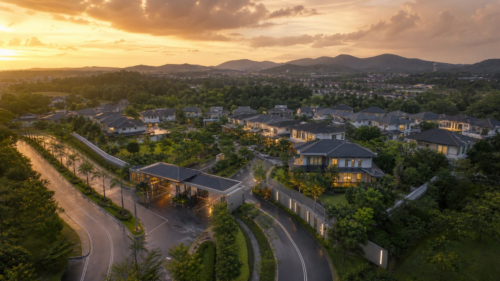 Gated residential community at sunset