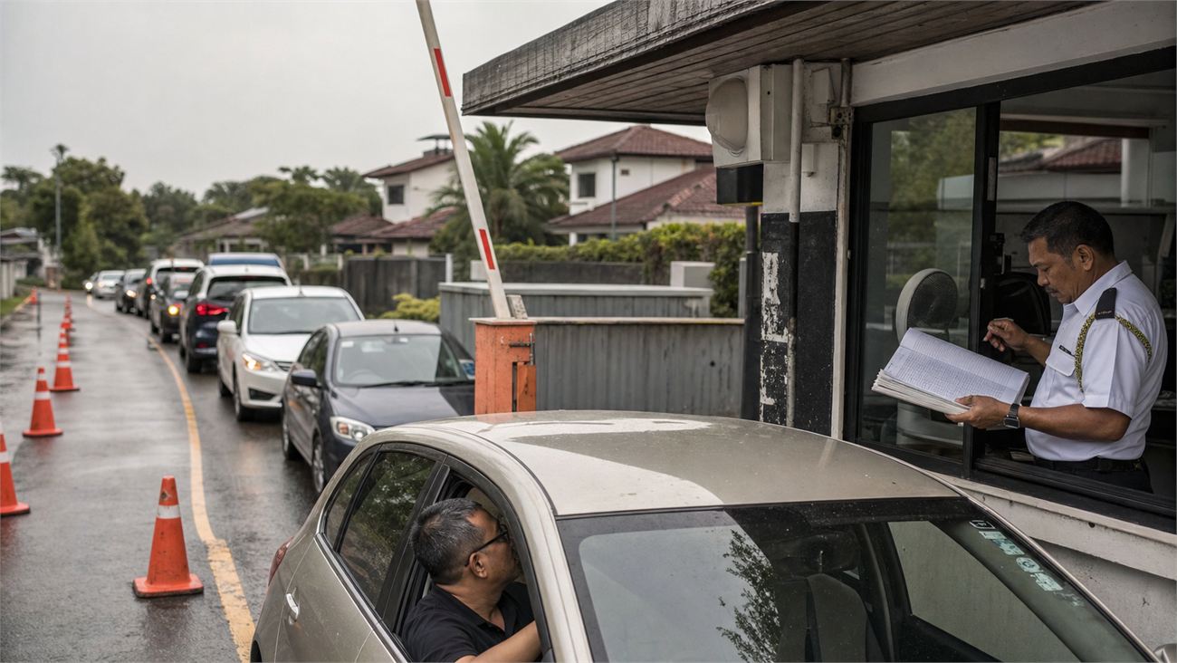 Cars queueing while a guard fills in a paper logbook