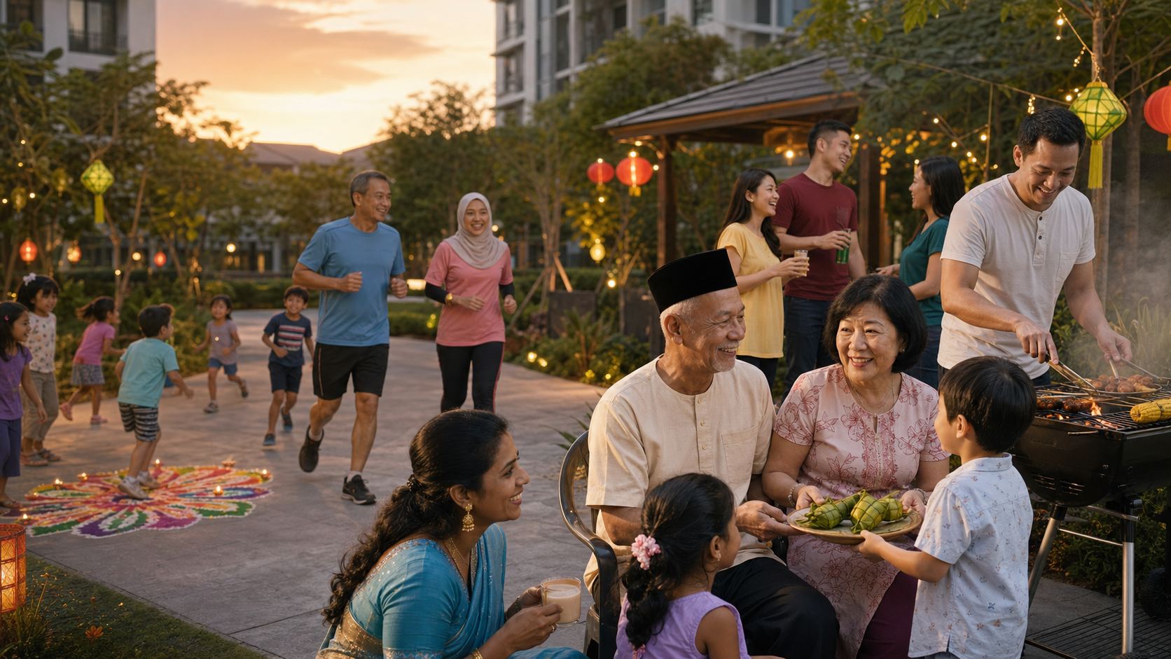 Neighbours of all ages gathering in the community park