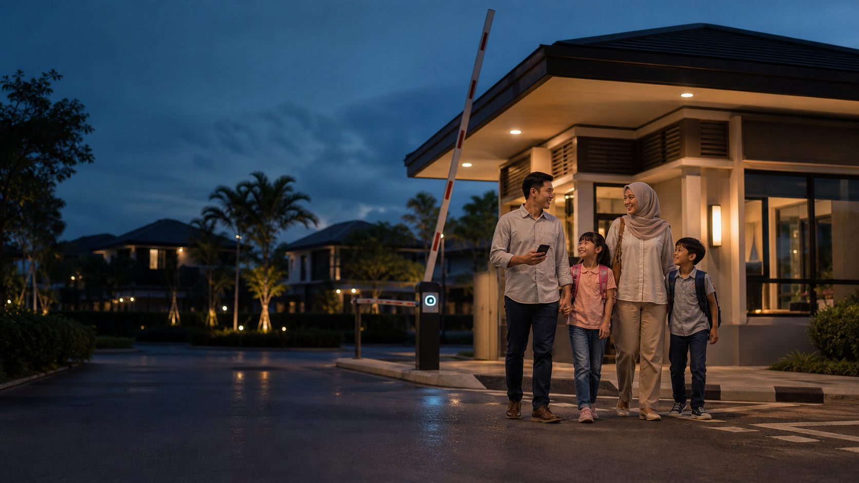 A Malaysian family walking safely into their gated community at night