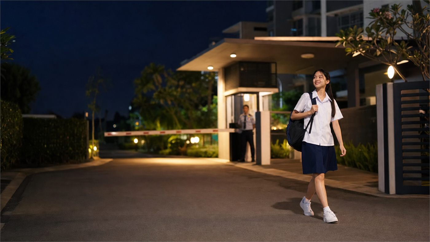 A student walking safely home through the community gate at night